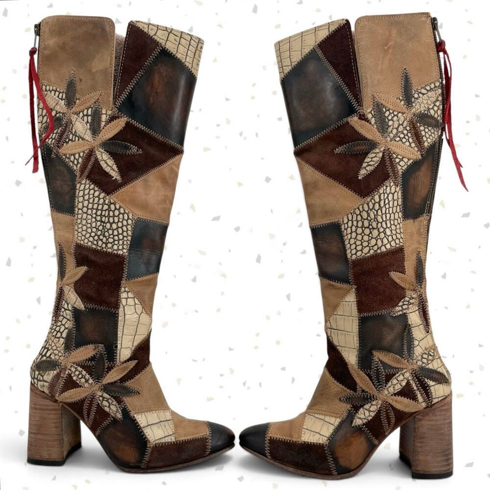 Freebird by Steven Juno Patchwork Knee High Leather Boots Fall Boho Style Size 7